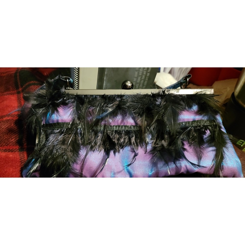 Jeanne Lottie Purple Blue And Black Feathered Purse With Handle